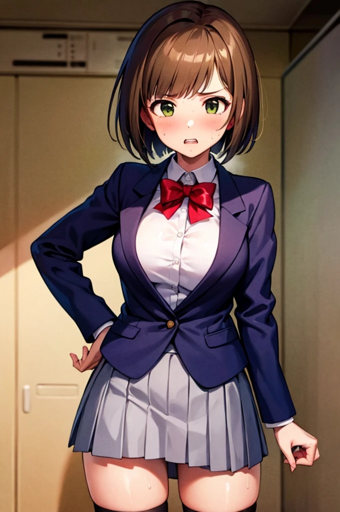 masterpiece, Highest quality, High resolution, MyMiku, short hair, teeth, , Red Bow, Collared shirt, Blue jacket, blazer, Long sleeve, Pleated skirt, Grey Skirt, Black knee socks, Cowboy Shot, anger, Are standing, locker room,Shirt open,Skirt flip,Panties in full view,Sweat,,semen