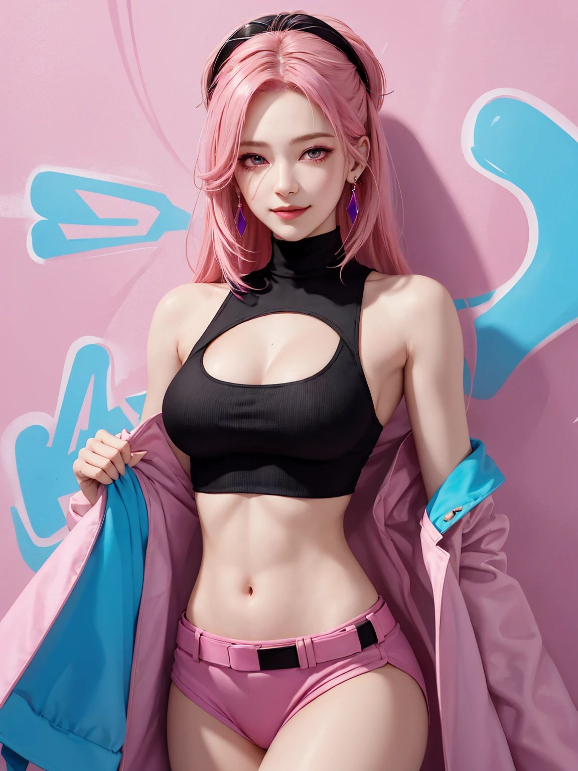 (Masterpiece, best quality, 1 girl, alone, complicated details, Chromatic aberration), realistic, ((Moderate breath)),long hair, pink hair, Red headpiece, Pink Highlights, hair on one eye,purple eyes, earring, sharp eyes, choker, Neon coat, She wears a collar, bangle, and kimono style garters., crop top, (symmetrical eyes),(Perfect symmetrical body),against the wall, Brick wall, (colorful graffiti words on the wall:1.2), The light is dim., alley ,Look at the viewer.、Dig the chest、smile、(sleeveless、Navel touch、Fitted turtleneck.)、street string hot pants、Thin bottom、Please build above the eaves..、Thin shoulders、in sportbar、