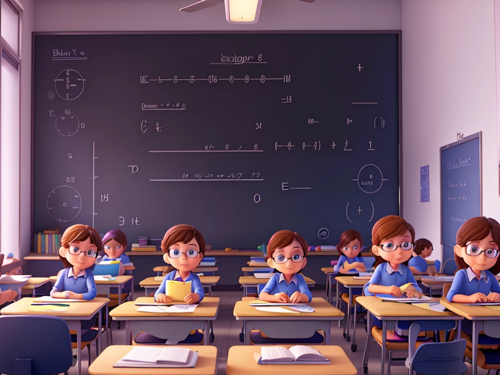 simple classroom room, few detail, with students and teacher in Disney Pixar style, well-defined faces, WELL DEFINED EYES, high qualiy, blackboard with mathematical formulas, rendered in 3D, using a laptop and robotics kits for teaching.