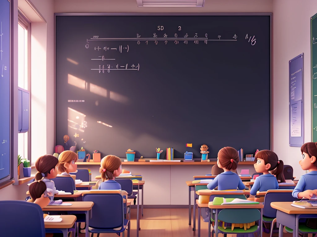 simple classroom room, few detail, with students and teacher in Disney Pixar style, well-defined faces, WELL DEFINED EYES, high qualiy, blackboard with mathematical formulas, rendered in 3D, using a laptop and robotics kits for teaching.