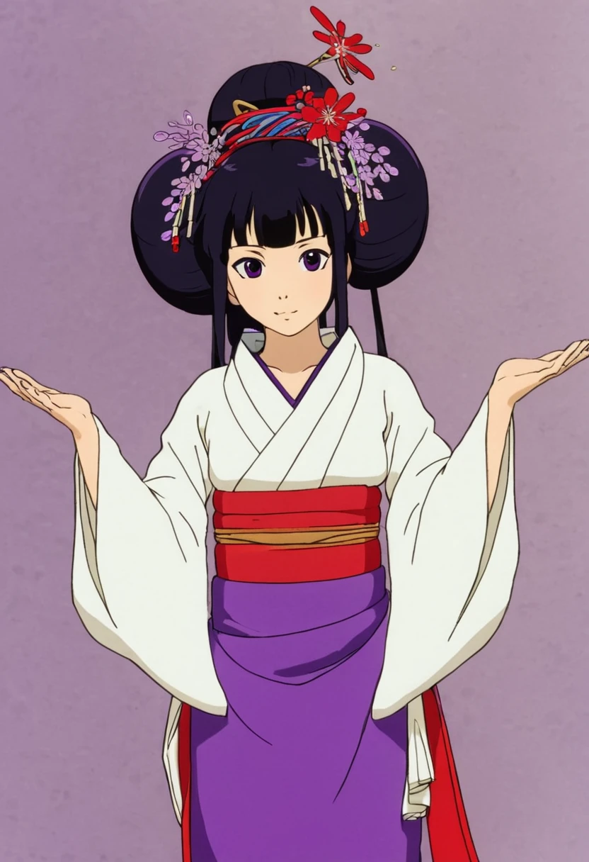 A Ghibli's studio character (2D). She have long black hair . She wears traditional oiran clothes purple and red. She seems cold and she have multiple arms