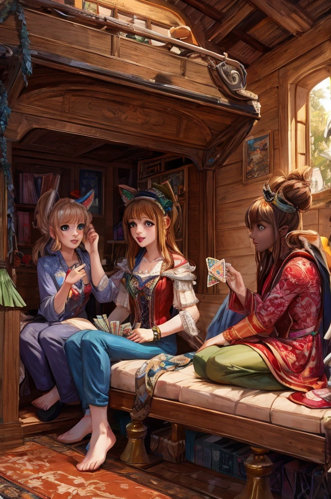 Three girls ride in a compartment and play cards