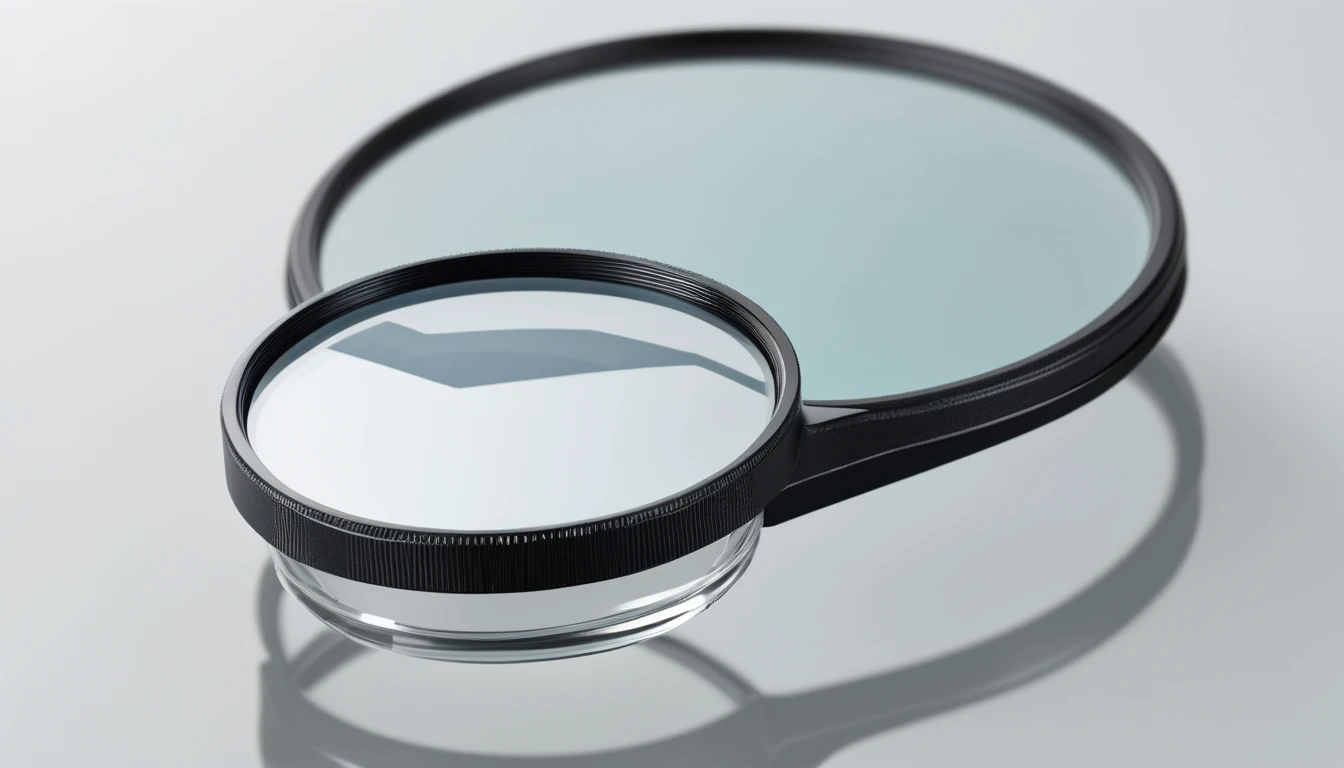 a high-quality magnifier, isolated, laboratory tool, detailed scientific equipment, close-up, depth of field, clear glass lens, reflective metallic frame, clean white background, realistic lighting, photorealistic, digital art, 8k, highly detailed