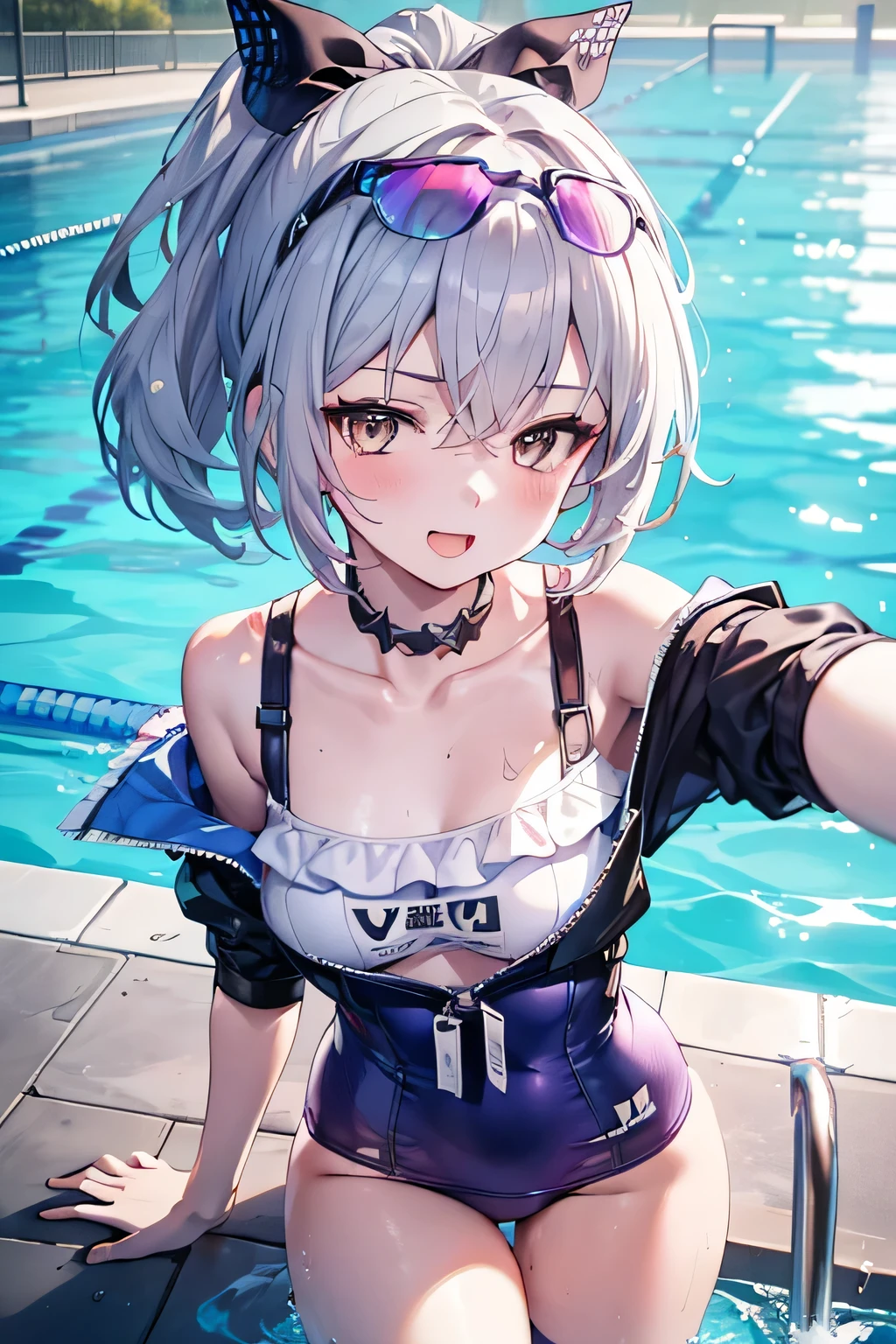 1girl , (silver wolf,ginrou), bangs, (Silver Hair),happy smile, smile, Open your mouth,((Swimsuit、tight)),Real Summer,Daytime,sunny,My hair is blowing in the wind,whole bodyがイラストに入るように,Slender body,
Destroy outdoors, School,Pool,
壊す looking at viewer,Beautiful breasts,Medium chest,whole body,Breaking the angle from above (masterpiece:1.2), Highest quality, High resolution, unity 8k wallpaper, (shape:0.8), (Beautiful details:1.6), Highly detailed face, Perfect lighting, Extremely detailed CG, (Perfect hands, Perfect Anatomy), 