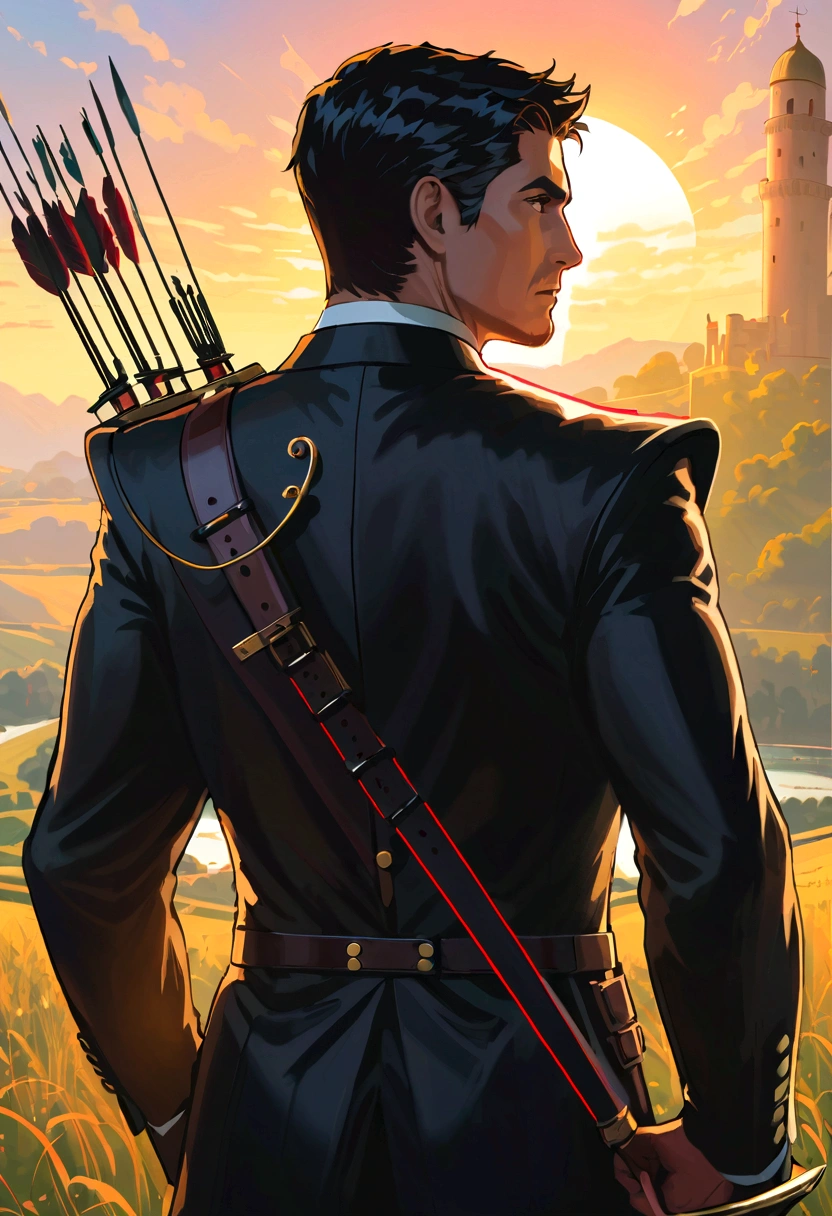 1 Archer Man, short hair, Black suit, (Rear view),doubt, Tangle, War Battle Background, masterpiece, Best quality