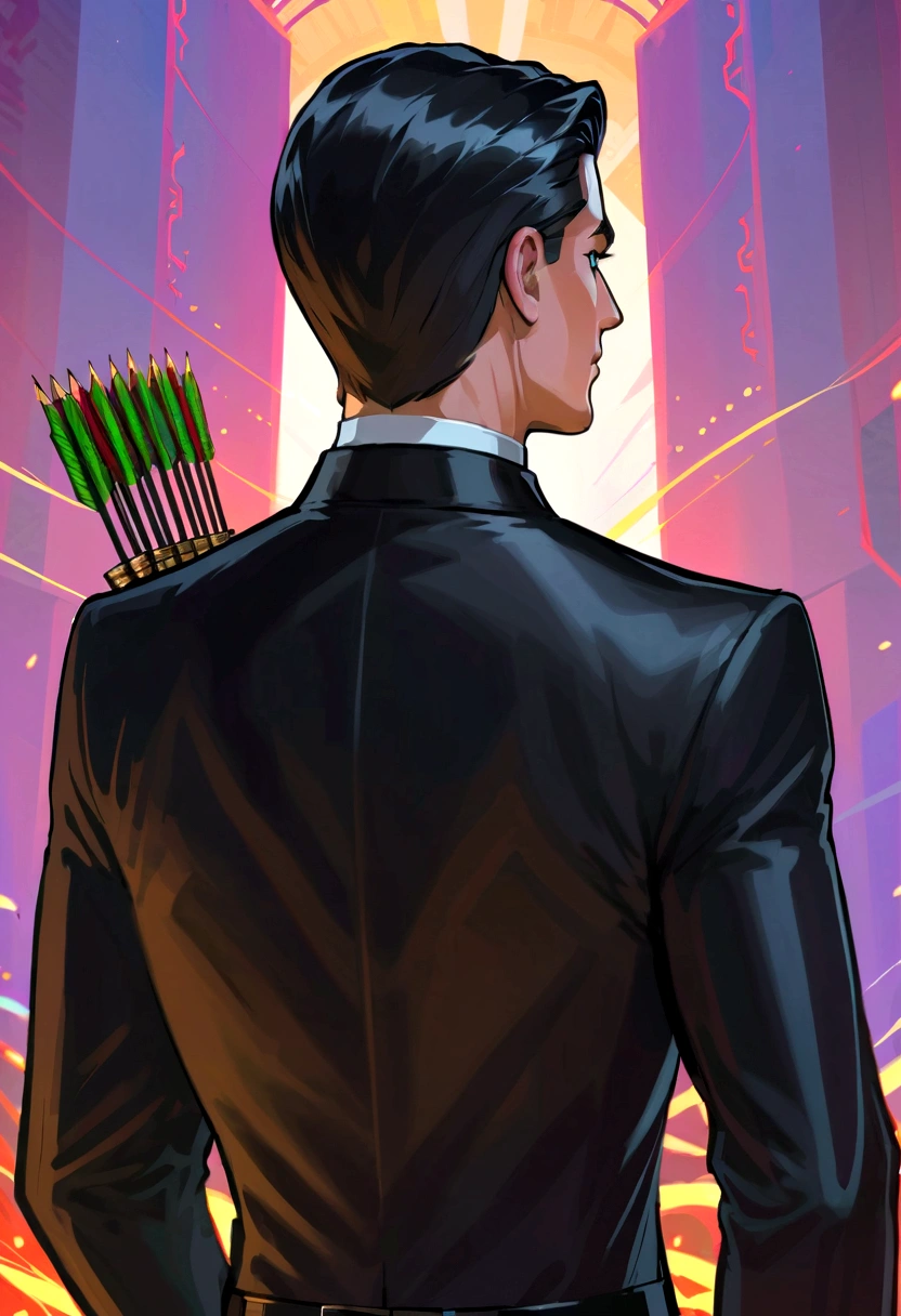 1 Archer Man, short hair, Black suit, (Rear view),doubt, Tangle, War Battle Background, masterpiece, Best quality