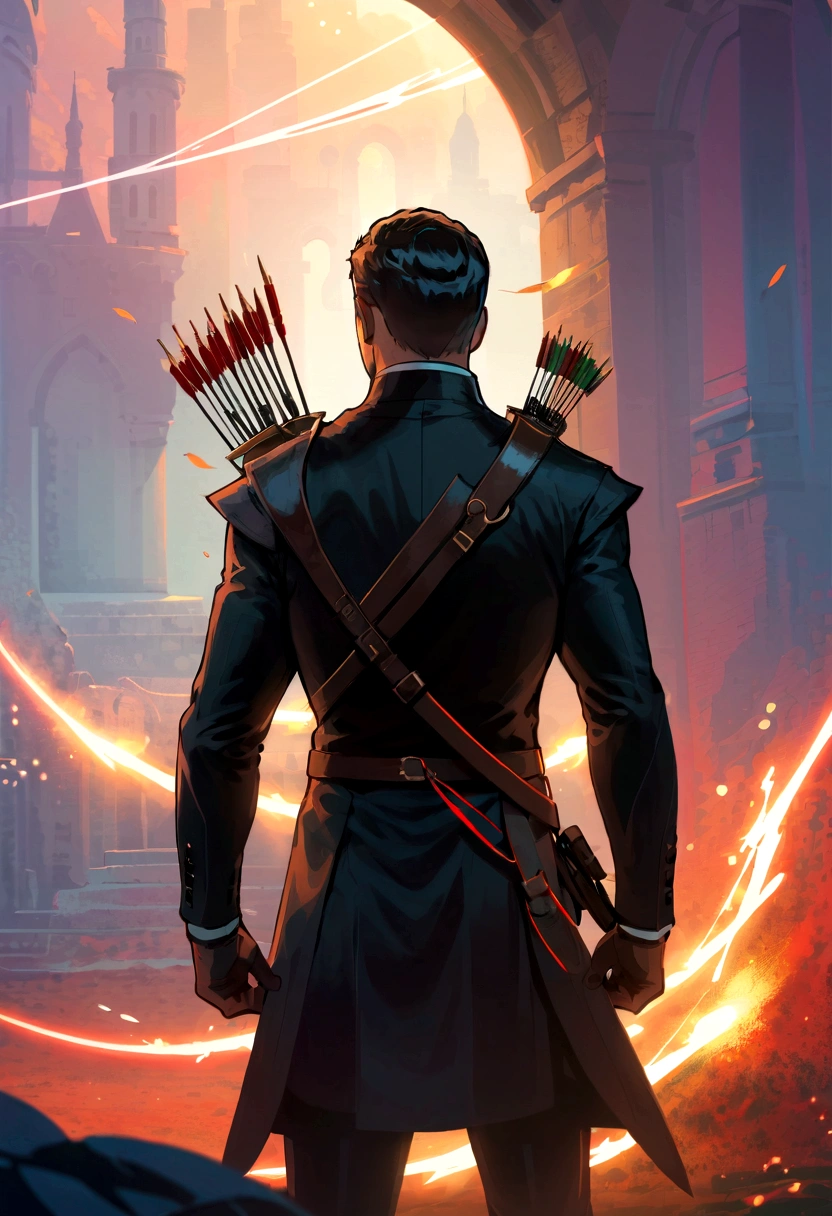 1 Archer Man, short hair, Black suit, (Rear view),doubt, Tangle, War Battle Background, masterpiece, Best quality