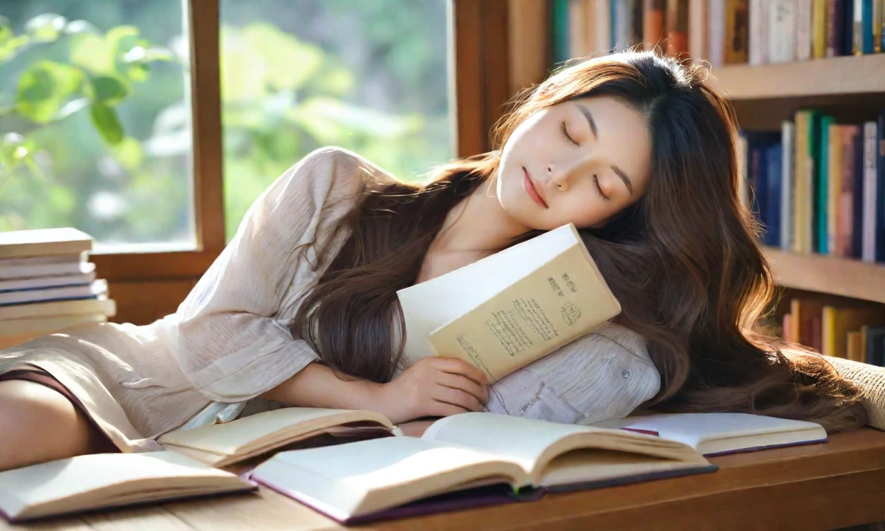 a beautiful asian girl, dozing, cozy library, seating, wooden desk, head resting, folded arms, atop an open book, long, brown, wavy hair cascades over shoulders, peaceful, relaxed face, serene expression, softly closed eyes, light, comfortable sleep. The library is warmly lit, soft, ambient lighting, tranquil, inviting atmosphere. Shelves filled with books line the background, nearby window, gentle stream, natural light. The desk is cluttered with various books, notebooks, and a pair of reading glasses. Her outfit is casual yet stylish, perfectly, masterpiece, best quality, 2K, realistic, high contrast