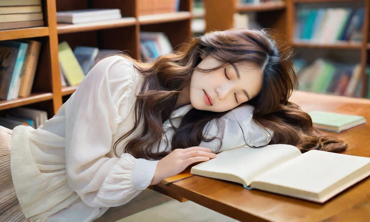 a beautiful asian girl, dozing, cozy library, seating, wooden desk, head resting, folded arms, atop an open book, long, brown, wavy hair cascades over shoulders, peaceful, relaxed face, serene expression, softly closed eyes, light, comfortable sleep. The library is warmly lit, soft, ambient lighting, tranquil, inviting atmosphere. Shelves filled with books line the background, nearby window, gentle stream, natural light. The desk is cluttered with various books, notebooks, and a pair of reading glasses. Her outfit is casual yet stylish, perfectly, masterpiece, best quality, 2K, realistic, high contrast