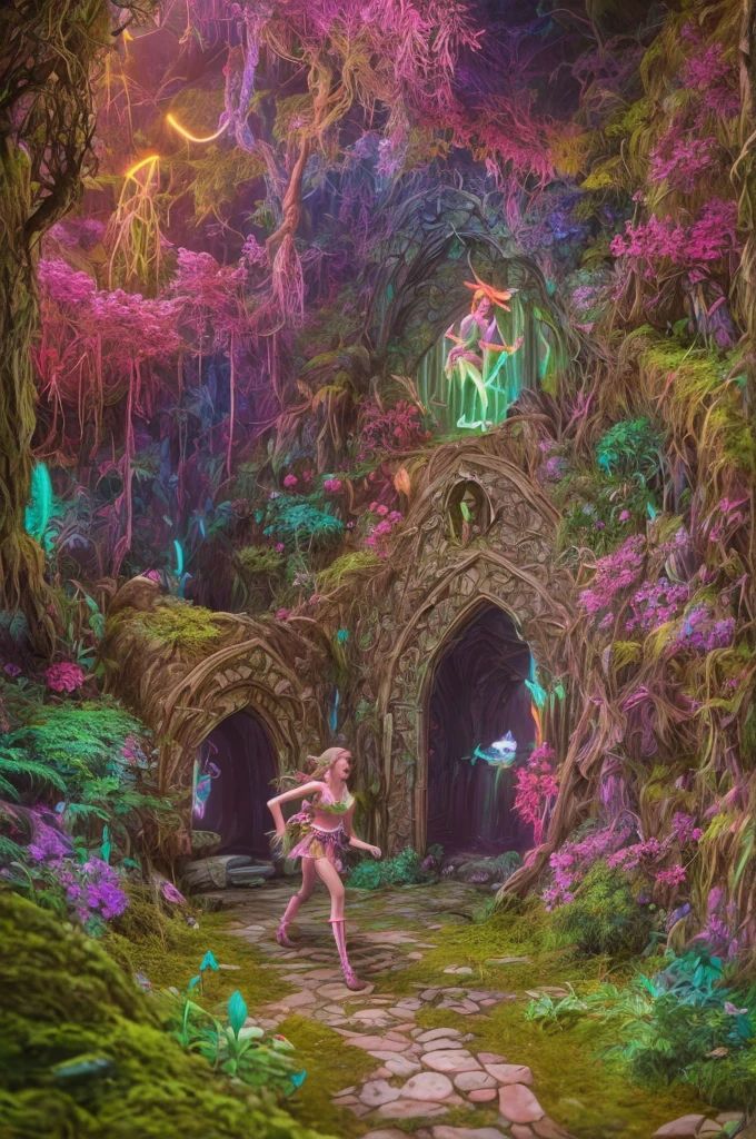 A mischievous elf running towards a mysterious, magical grotto with an entrance covered in glowing moss and flowers, 70s psychedelic, neon synthwave