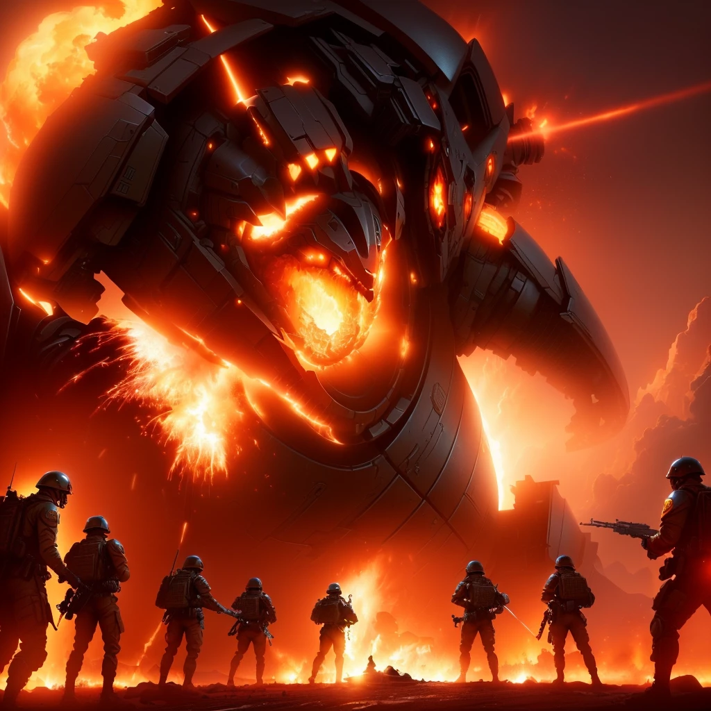 soldiers in uniform stand in front of a giant kaiju with fire coming out of it, ps5 cinematic screen capture, beeple and tim hildebrandt, soldiers and mech fight, 8 k high detail concept art, battlefield, epic video game art, futuristic battlefield, battlefield 1, hq 4k wallpaper, beeple and greg rutkowski, epic digital concept art