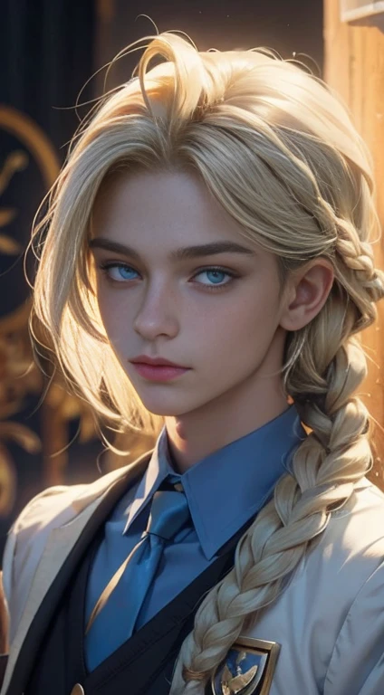 18 year old male, Yolk blonde hair with a braid, petroleum blue eyes, mole on the corner of the nose, wears magic academy uniform, High definition image, better quality of work, pixel richness