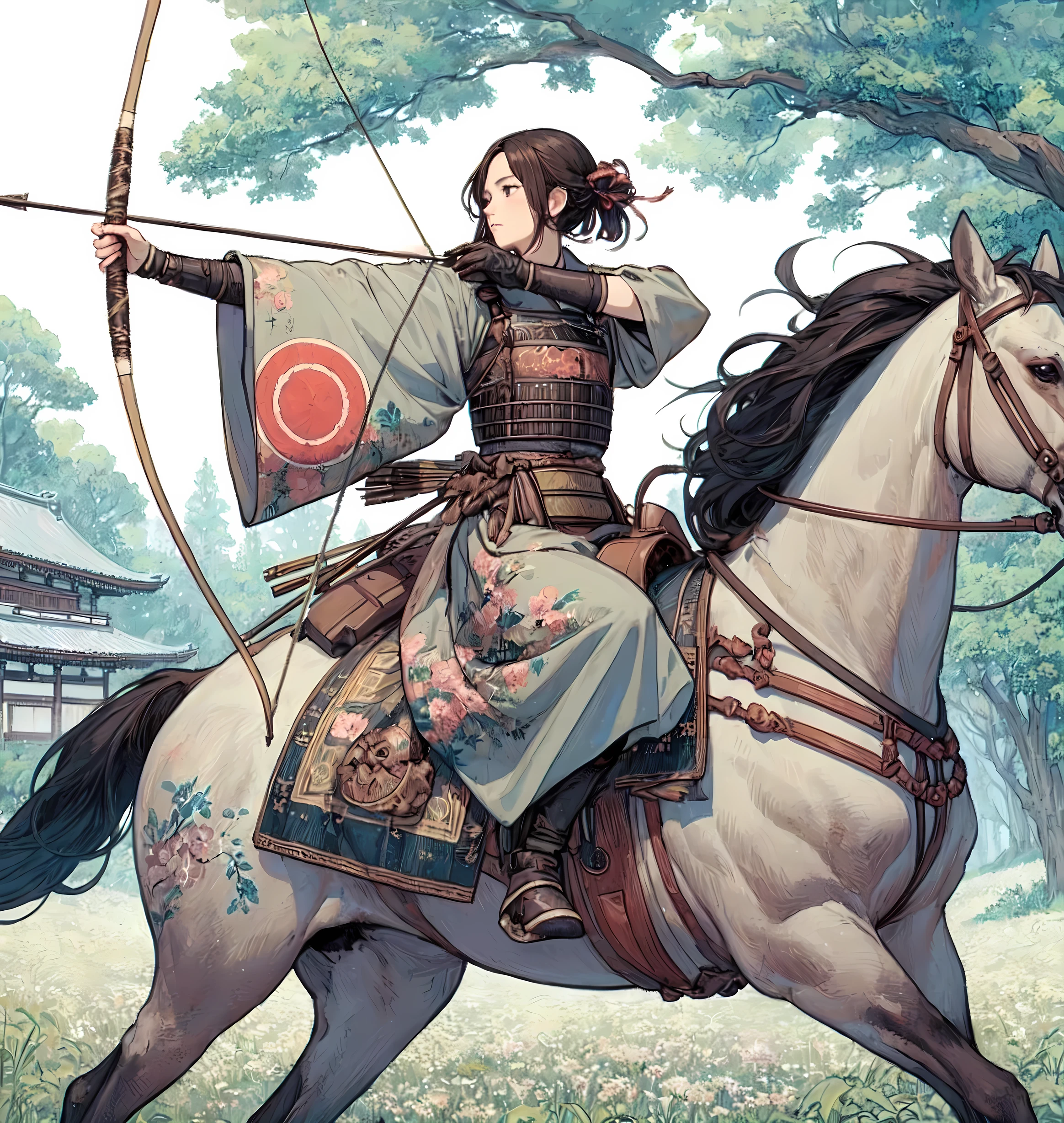 1lady solo, straddling horse, (pulling bowstring to its limits) (holding simple black bow), (gray kimono) (gray hakama), chest protector, (mature female:0.8), /(brown hair/) bangs, (light smile:0.4), dignified, facing away, (masterpiece best quality:1.2) delicate illustration ultra-detailed, medium breasts BREAK (galloping horse), (realistic horse) BREAK (sacred shrine) outdoors, meadow, Japan, noon, detailed background