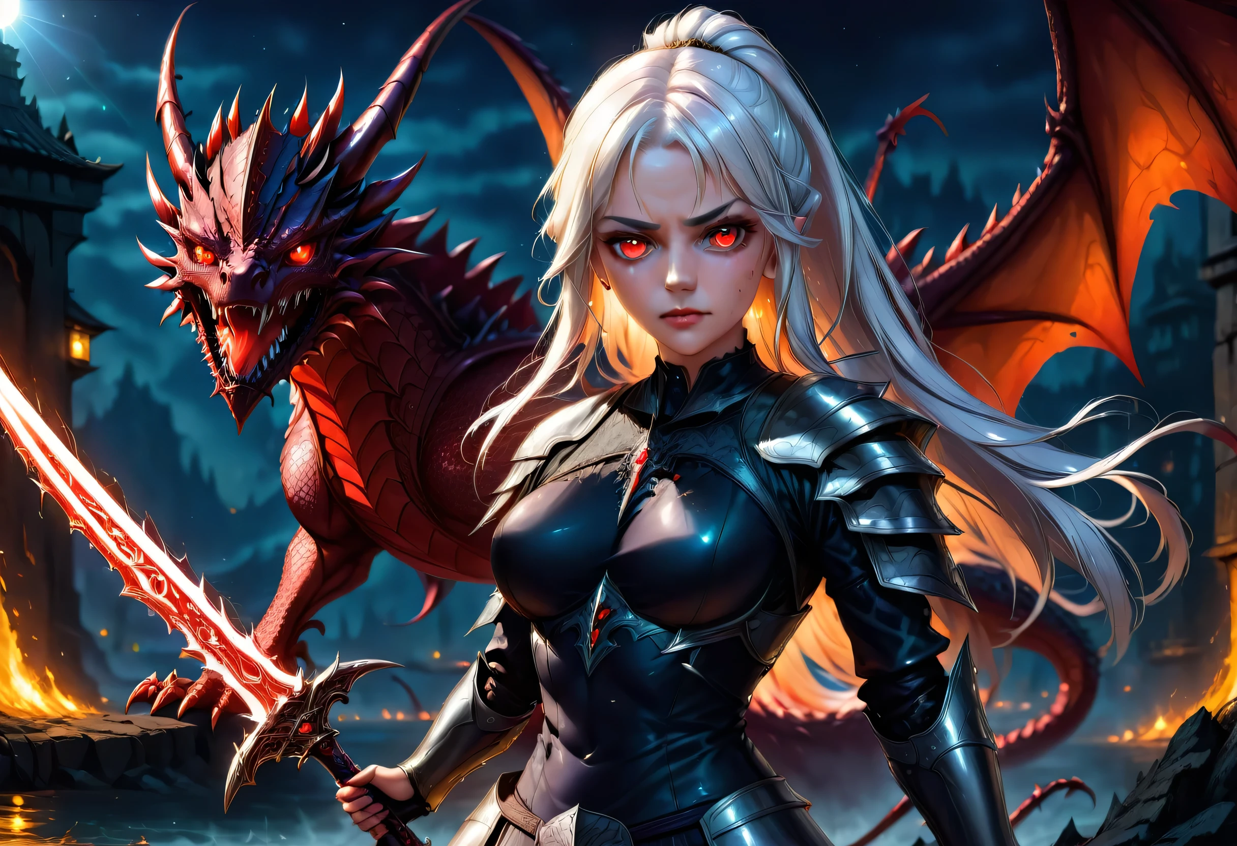 8k resolution, depth of field, photorealistic, lens flare, ((best quality)), (((intricate details))), highly detailed, (((cinematic effect))), looking at viewer,1girl,breasts,long hair, ((white hair with black highlights)), ponytail, glowing red eyes, serious and severe face, demonic armor, helmet in the shape of a blood red dragon head,holding, holding weapon, sword, holding sword, the blade and blood red color, night, (underworld,hells), well of cursed souls, the river styx, one of the 4 rivers of hell in the background