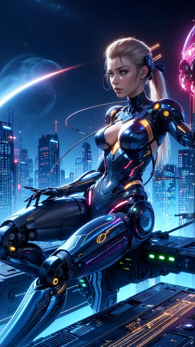 top quality, future world, State-of-the-art robot, Beautiful Woman, flying hair, (Transformed into a cyborg except for the face), sexy images, whole body photo, ((archer, bow, arrow))