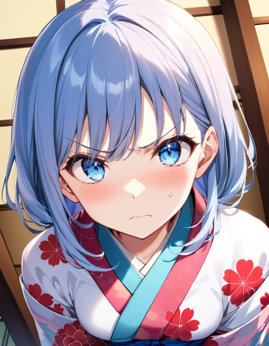 dynamic angle, (close up face), from above, a ultra detailed beautiful moe anime, (angry, embarrassed), In an old-fashioned Japanese house, there is a tsundere gal. Her hair is pink, and her eyes are a vivid blue. She is dressed in a kimono, but the kimono incorporates gal fashion, characterized by flashy colors and patterns. Her attitude is tsundere, seeming cold at first glance, but harboring kindness in her heart.