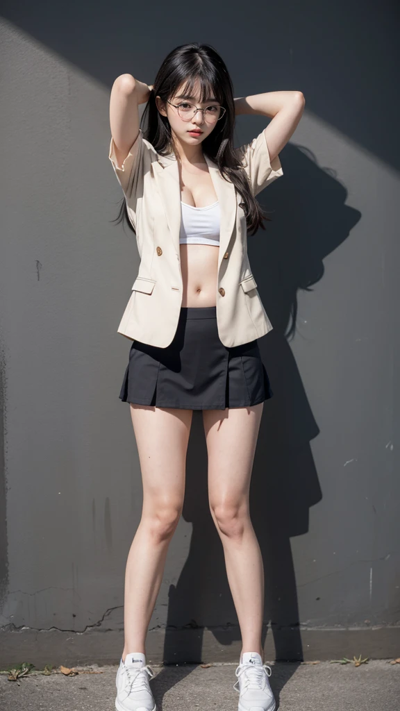 detailed_background, realistic, full body, 1girl, eye glasses, blushes, dark alley, black hair, long hair, bangs, cleavage, big bust, belly, crotch, small waist, bare legs, thighs, thicc_thights, knees, sneakers, white short sleeve blazer, arms raised, tight mini skirt, panty flash, crotch seam, crotch tuft, crotch fluff, crotch belly, arms on waist,
