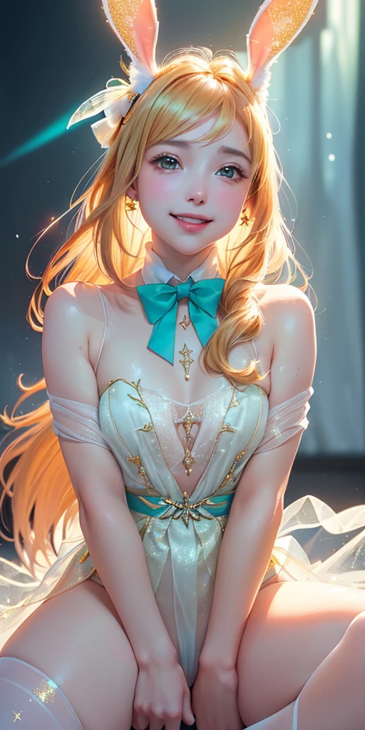 masterpiece, best quality, extremely detailed CG unity 8k wallpaper,((Upper Body)) ,((Upper Body head close-up shot of a beautiful girl)), , Elegant Long straight blonde hair, (Mckenna Grace), ((flat chest,Thick thighs,Autoluminescence skin)),Transparent (orange-green) golden (Glittering tutu,long Bunny Ear Headgear, , Bow-tie, No panties, genitals visible), ((sitting,spread legs)),(), (Blush), , (seductive smile), (A world of ice and snow), pretty face, key art, award winning, intricate detail realism hdr, by (ruan jia and artgerm and range murata), Photorealism, Hyperrealism, ultra realistic, dramatic light, intense shadows, gorgeous view, depth of field