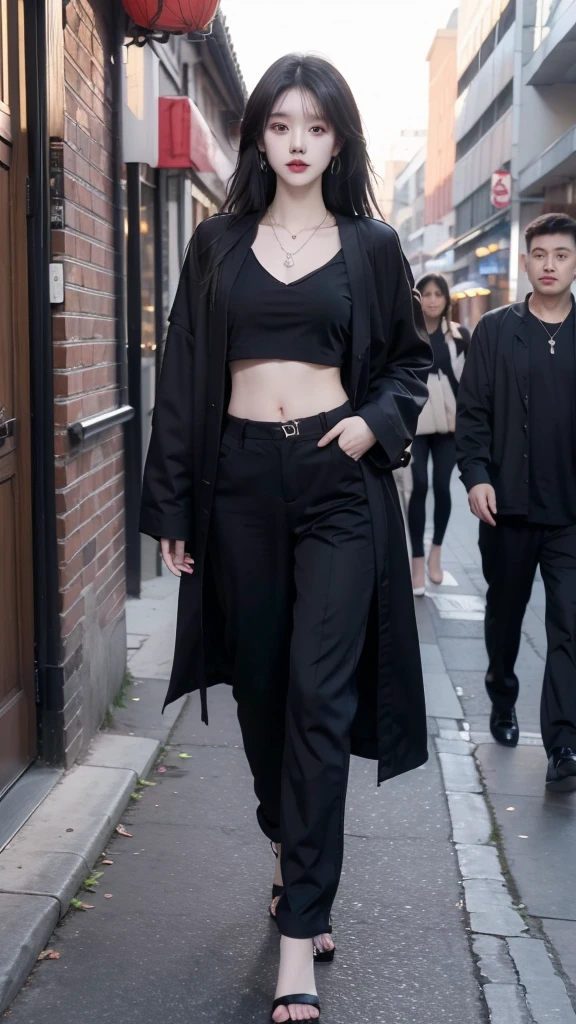 Beautiful Chinese girl wearing a black robe jacket wearing a black shirt and black trousers wearing sandals and a black chopper necklace, showing off her slim stomach, black hair, photo in the city (masterpiece) 8k