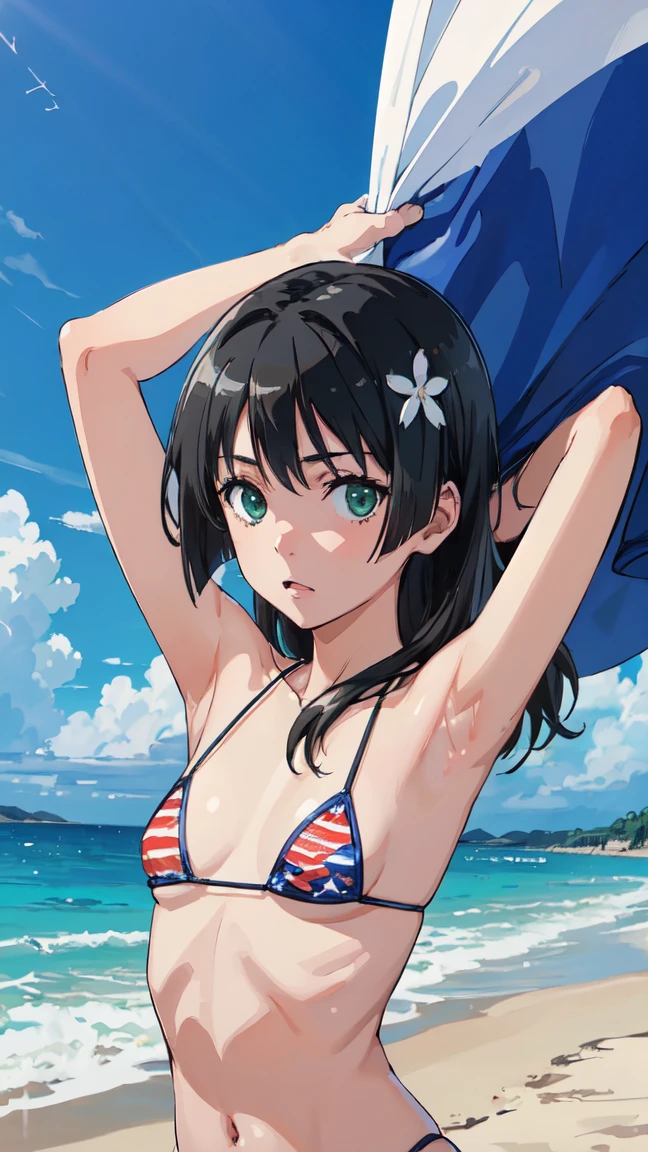 (High resolution:1.4), (masutepiece:1.2), (High quality:1.3) 1girl, saten ruiko, green eyes, long hair, black hair, small breast, Armpit、arms up, American flag、Flag printed micro bikini、 Beach、, cinematic lighting,