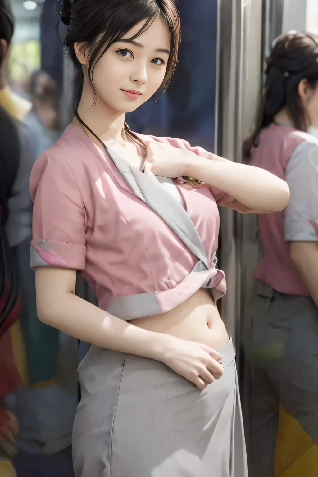 Showing your belly button、(masterpiece:1.2, Highest quality:1.2), 32k HDR, High resolution, (alone、1 girl)、 (Height: 160cm)、(On the rooftop of a building in the daytime、Professional Lighting)、Building rooftop background、(Nankai train crew uniform pinkを着たリアルスタイル)、(Nankai train crew uniform pink short sleeve collarless pink jacket、Nankai Train Crew Uniform Pink Collarless Short Sleeve Blouse、Nankai Train Crew Uniform Pink Grey Knee-length Culottes)、(The pink jacket is showing from the culottes.)、Dark brown hair、(Hair tied up、Hair tied up、Evening curly hairstyle)、Dark brown hair、Long Shot、Big Breasts、Thin legs、((Great hands:2.0)),((Harmonious body proportions:1.5)),((Normal limbs:2.0)),((Normal finger:2.0)),((Delicate eyes:2.0)),((Normal eyes:2.0)))、smile、(Nankai Train Crew Uniform Pink Grey Knee-length Culottesを見せた美しい歩く姿)、Place your hands around your stomach