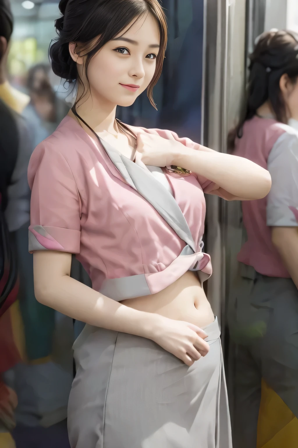 Showing your belly button、(masterpiece:1.2, Highest quality:1.2), 32k HDR, High resolution, (alone、1 girl)、 (Height: 160cm)、（On the rooftop of a building in the daytime、Professional Lighting）、Building rooftop background、（Nankai train crew uniform pinkを着たリアルスタイル）、（Nankai train crew uniform pink short sleeve collarless pink jacket、Nankai Train Crew Uniform Pink Collarless Short Sleeve Blouse、Nankai Train Crew Uniform Pink Grey Knee-length Culottes）、（The pink jacket is showing from the culottes.）、Dark brown hair、（Hair tied up、Hair tied up、Evening curly hairstyle）、Dark brown hair、Long Shot、Big Breasts、Thin legs、（（Great hands：2.0）），（（Harmonious body proportions：1.5）），（（Normal limbs：2.0）），（（Normal finger：2.0）），（（Delicate eyes：2.0）），（（Normal eyes：2.0））)、smile、（Nankai Train Crew Uniform Pink Grey Knee-length Culottesを見せた美しい歩く姿）、Place your hands around your stomach