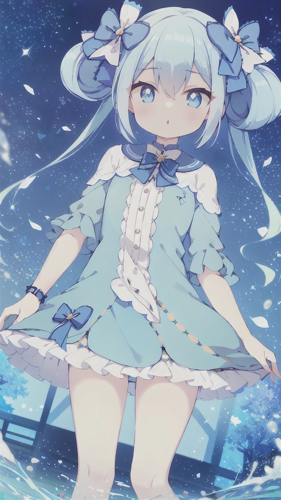 Blue Hair, Twin tails, Hair between the eyes, 紫のhair bow, eyebrows visible through hair,