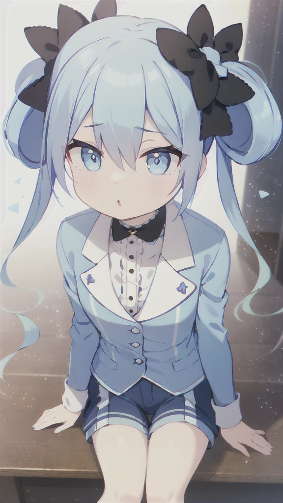 Blue Hair, Twin tails, Hair between the eyes, 紫のhair bow, eyebrows visible through hair,