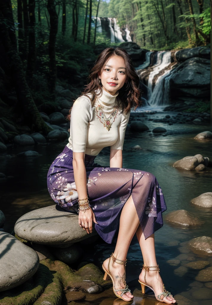 1girl,posture model,(portrait of a full body:1), sitting, book,slg,forest,waterfall, river,path,
(stochastic angle, stochastic pose,stochastic action),
luxury, jewelry, ornate, necklace, bracelet, hairpin,embroidery, (see-through Cream turtleneck, floral maxi skirt:1) 