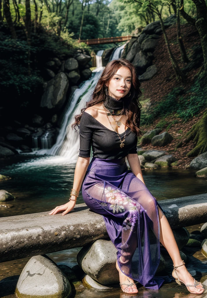 1girl,posture model,(portrait of a full body:1), sitting, book,slg,forest,waterfall, river,path,
(stochastic angle, stochastic pose,stochastic action),
luxury, jewelry, ornate, necklace, bracelet, hairpin,embroidery, (see-through Cream turtleneck, floral maxi skirt:1) 