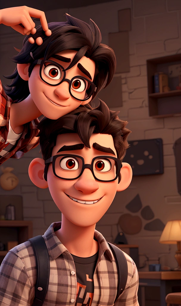 A 3D Pixar-style avatar of a adult young man with dark brown skin, skinny, black hair, medium-length, slightly wavy, large dark brown eyes, square glasses, retracted lips, very long and thin nose, very small cheeks, thin and square face, serious and sad look, reipped jeans, using a all-star black, black t-shirt and red plaid shirt on top, 8k, in a messed room with dark walls (rock) (grunge) (guitar)