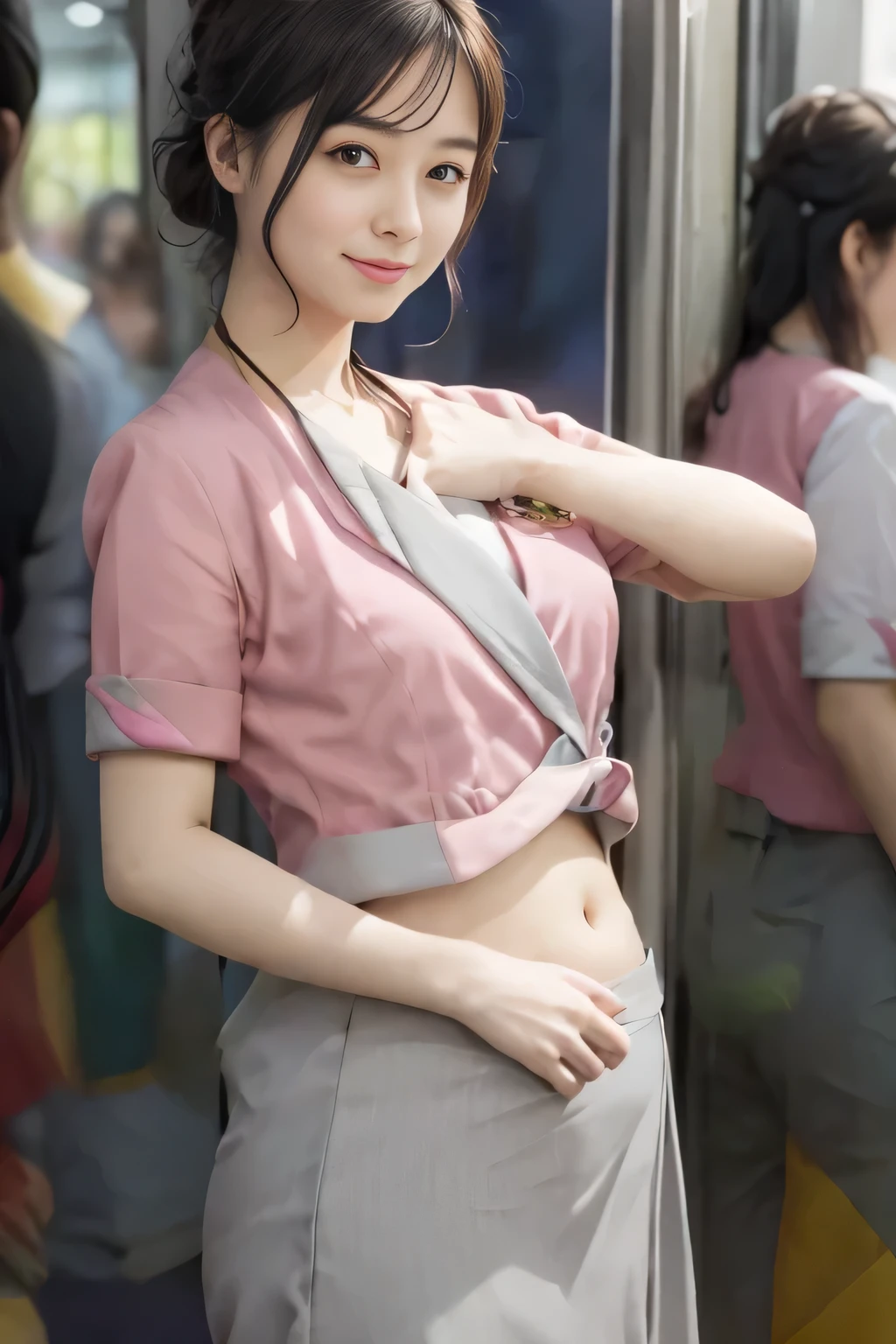 Showing your belly button、(masterpiece:1.2, Highest quality:1.2), 32k HDR, High resolution, (alone、1 girl)、 (Height: 160cm)、(On the rooftop of a building in the daytime、Professional Lighting)、Building rooftop background、(Nankai train crew uniform pinkを着たリアルスタイル)、(Nankai train crew uniform pink short sleeve collarless pink jacket、Nankai Train Crew Uniform Pink Collarless Short Sleeve Blouse、Nankai Train Crew Uniform Pink Grey Knee-length Culottes)、(The pink jacket is showing from the culottes.)、Dark brown hair、(Hair tied up、Hair tied up、Evening curly hairstyle)、Dark brown hair、Long Shot、Big Breasts、Thin legs、((Great hands:2.0)),((Harmonious body proportions:1.5)),((Normal limbs:2.0)),((Normal finger:2.0)),((Delicate eyes:2.0)),((Normal eyes:2.0)))、smile、(Nankai Train Crew Uniform Pink Grey Knee-length Culottesを見せた美しい歩く姿)、Place your hands around your stomach
