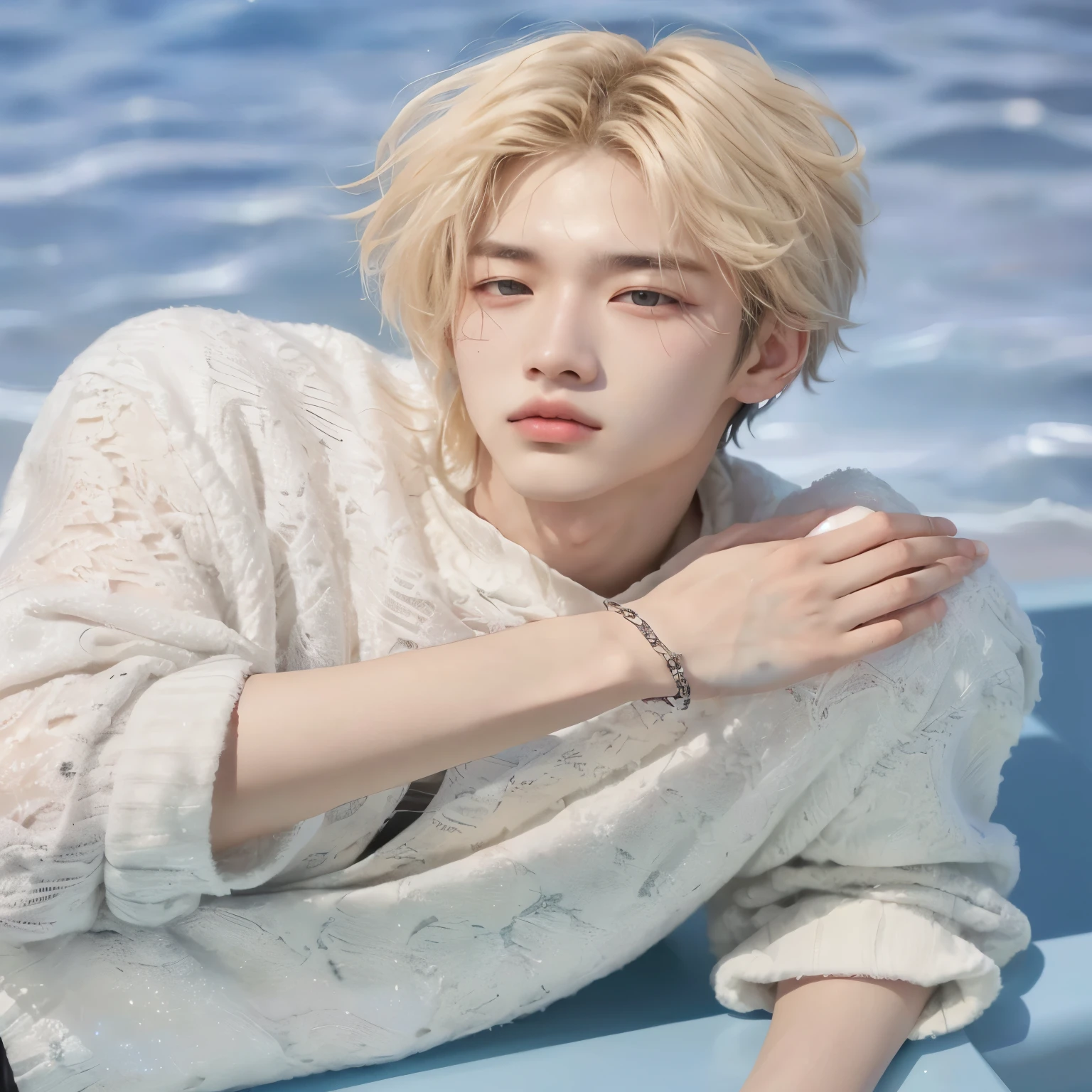Hyunstayv2, frontal, shimmering, split lips, (blonde hair:1.2), (ultra realistic:1.2), (shoulders and chest: 1.2), (close-up photo:1.1), (intricate:1.2), (beach background:1.2), (looking at the viewer:1.2).