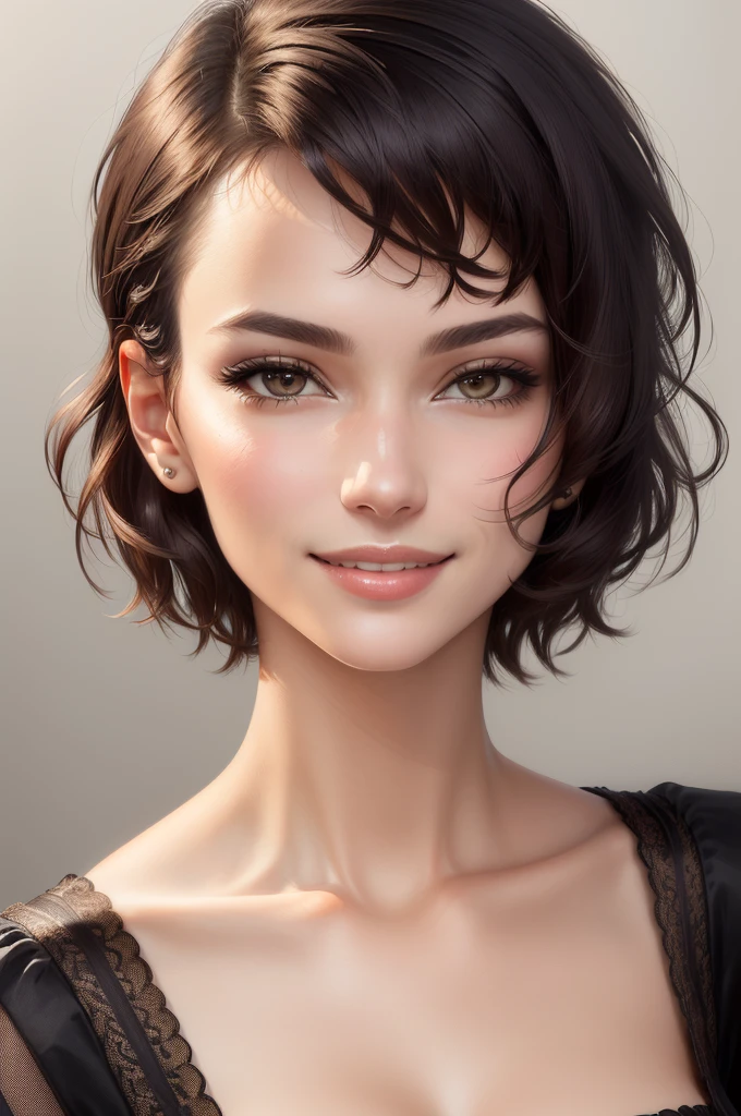 there is a woman with a very short hair and a big smile, smooth facial features, prominent cheekbones, sharp cheekbones, woman's face looking off camera, full - face close - up portrait, close up face female portrait, closeup on face, beautiful delicate face, beautiful fine face features, close - up portrait shot, full face close up portrait