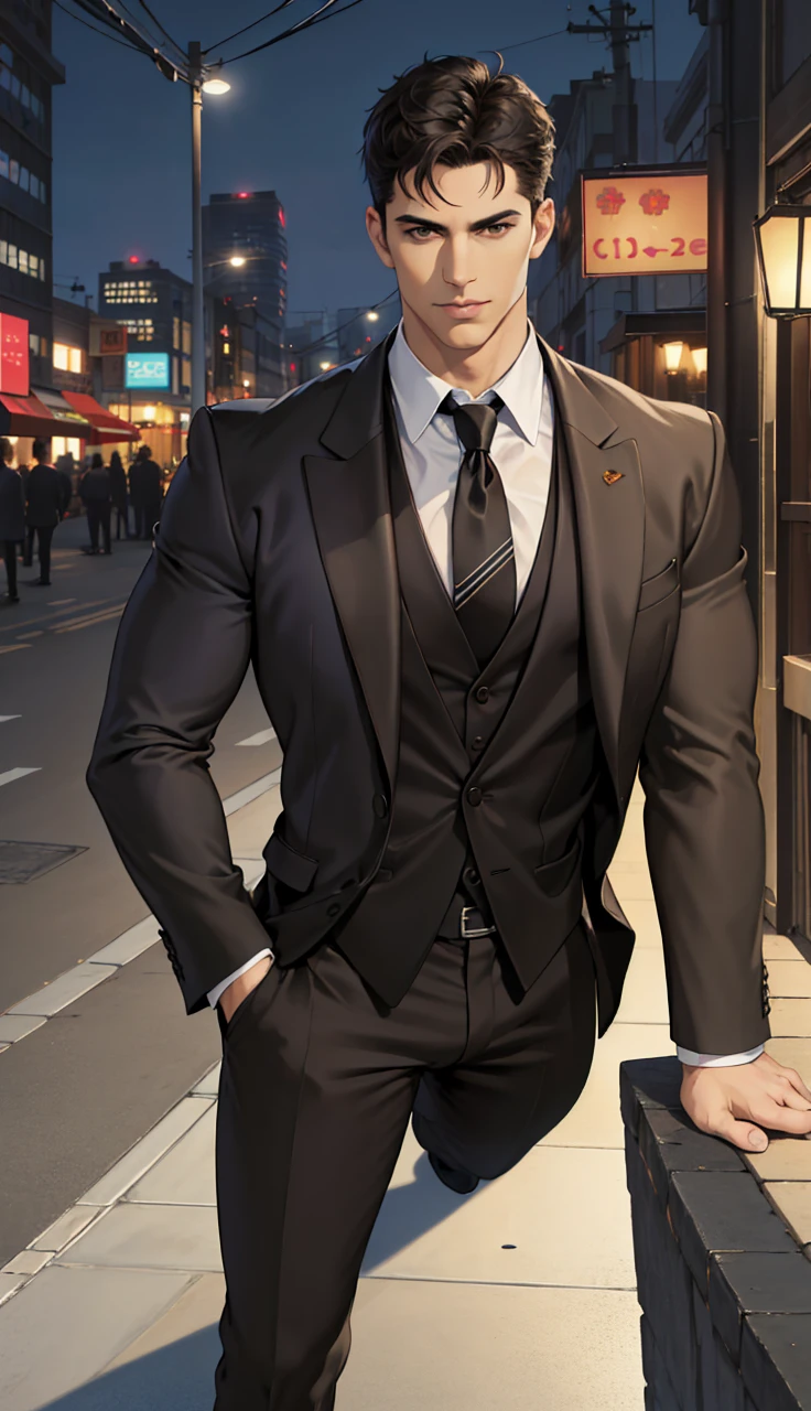 (absurdres, highres, ultra detailed, realistic, ), 1 male, solo, adult, mature, tall muscular guy, broad shoulders, handsome, very short hair, black hair, brown eyes, angular jaw, thick neck, thick eyebrows, night, dark, the night view of the city background, formal suit, necktie, upper body