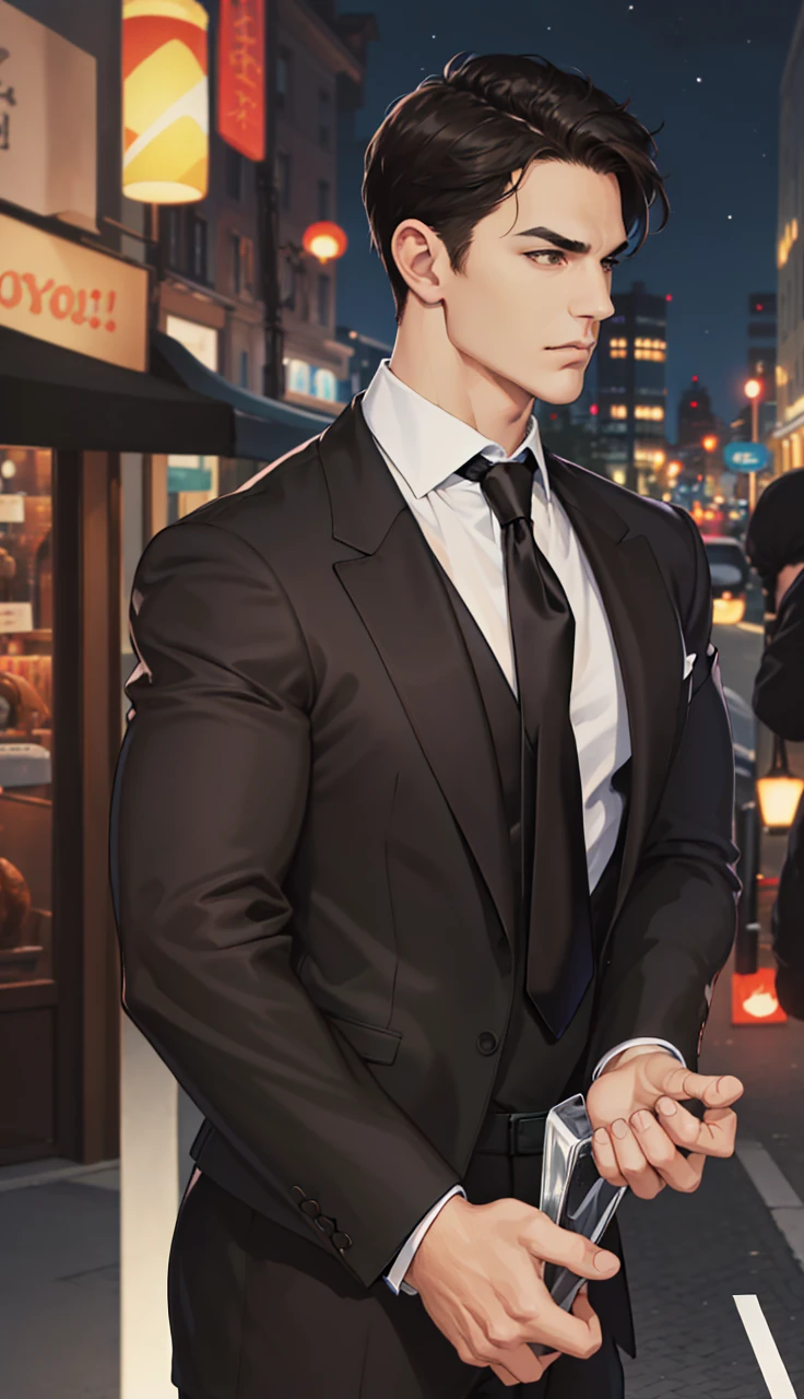 (absurdres, highres, ultra detailed, realistic, ), 1 male, solo, adult, mature, tall muscular guy, broad shoulders, handsome, very short hair, black hair, brown eyes, angular jaw, thick neck, thick eyebrows, night, dark, the night view of the city background, formal suit, necktie, upper body
