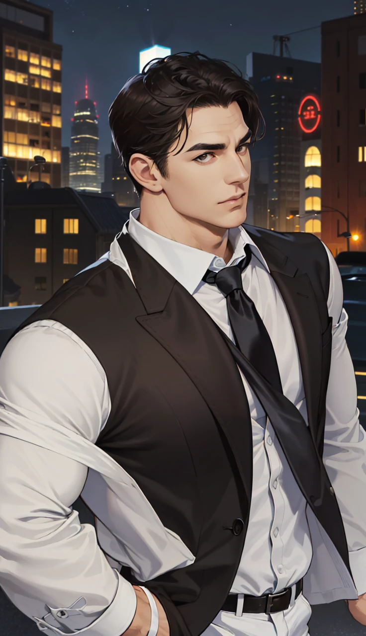 (absurdres, highres, ultra detailed, realistic, ), 1 male, solo, adult, mature, tall muscular guy, broad shoulders, handsome, very short hair, black hair, brown eyes, angular jaw, thick neck, thick eyebrows, night, dark, the night view of the city background, formal suit, necktie, upper body