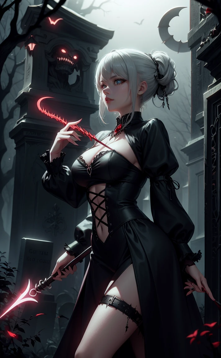 Gothic vampire girl, black gothic clothes, sexy in the cemetery, She is holding a spear with one hand, fully body