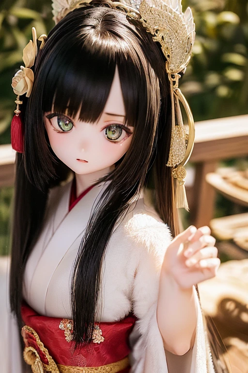 photorealistic, realistic photo, ((highest quality)), ((masterpiece)), (extremely detailed), kukolnydom, doll, (mature woman, 22yo, 22 years old:1.6), solo, ((eye level shot, standing, hands on stomach, skinny, slender, slim)), green eyes, (black hair, long hair, looking at another, almond eyes, blank eyes, empty eyes, detailed eyes, detailed face:1.3), long kimono, hair ornament, Japanese garden, 8k