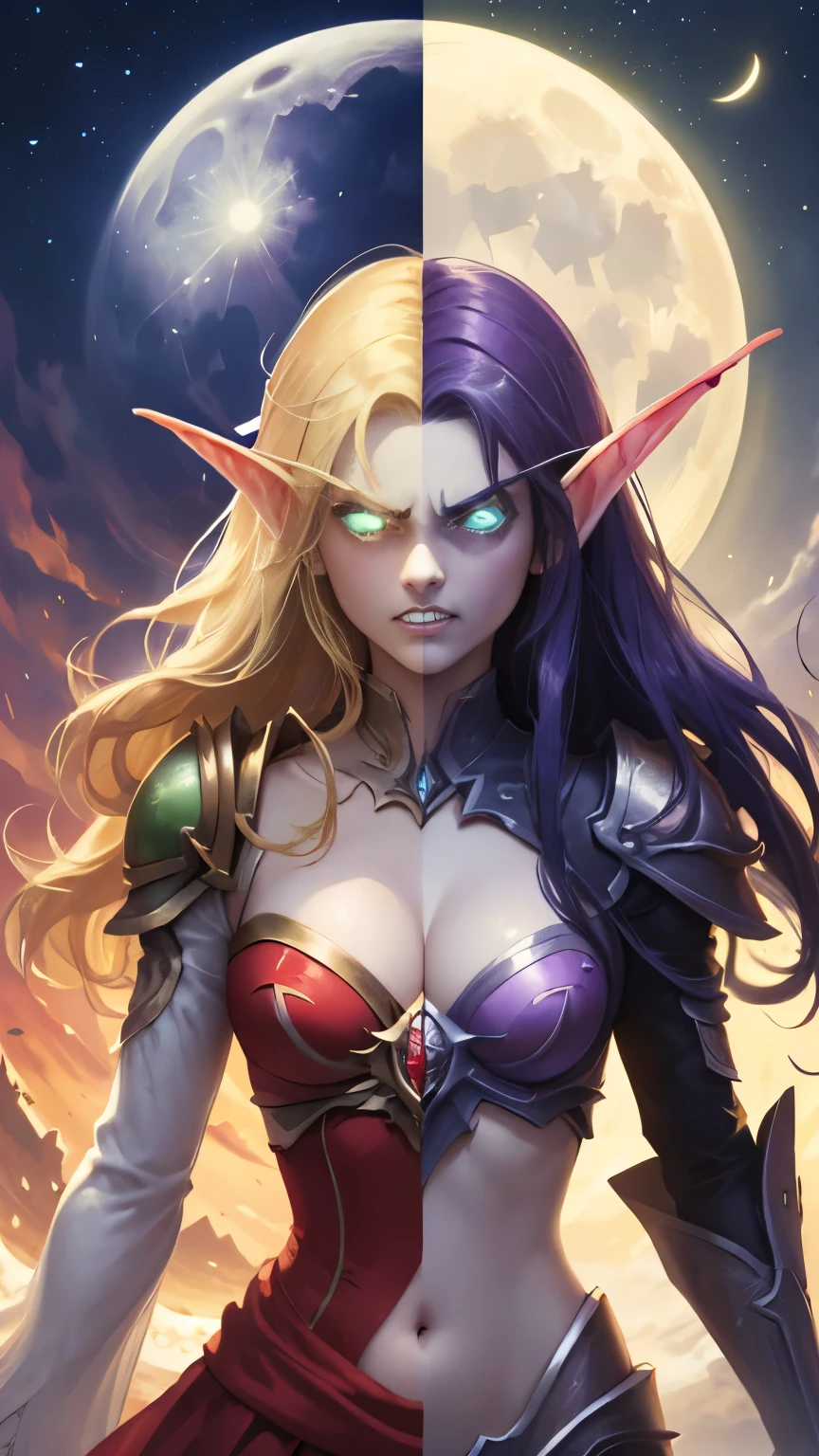 (Masterpiece, highly detailed, highly quality, highly resolutions), 2 Pointy Ears, 2 eyebrows, line between the middle, Split Colored Hair in the Middle, cut the screen in the Middle, cut the Sun and Moon in Half, Split Colored Lips in the Middle, ({{BREAK nightelf, SplitScreen, split screen, Left screen, angry, clenched teeth, glowing eyes, left blue eyes, left Purple Hair, colored skin, mature female, purple Dress, purple shoulder pad, Navel, Cleavage, purple lips, looking at viewer, night, Sleeve, Long eyebrows, Princess of the Moon, Moon Background, left Half Moon center}}), vs, (BREAK bldelf, SplitScreen, splitscreen, Right Screen, angry, clenched teeth, glowing eyes, right Green eyes, right Blonde hair, colored sclera, mature female, Red Dress, red shoulder pad, Navel, cleavage, red lips, looking at viewer, day, Sleeves, long Eyebrows, Princess of the Sun, Sun Background, right Half Sun center))