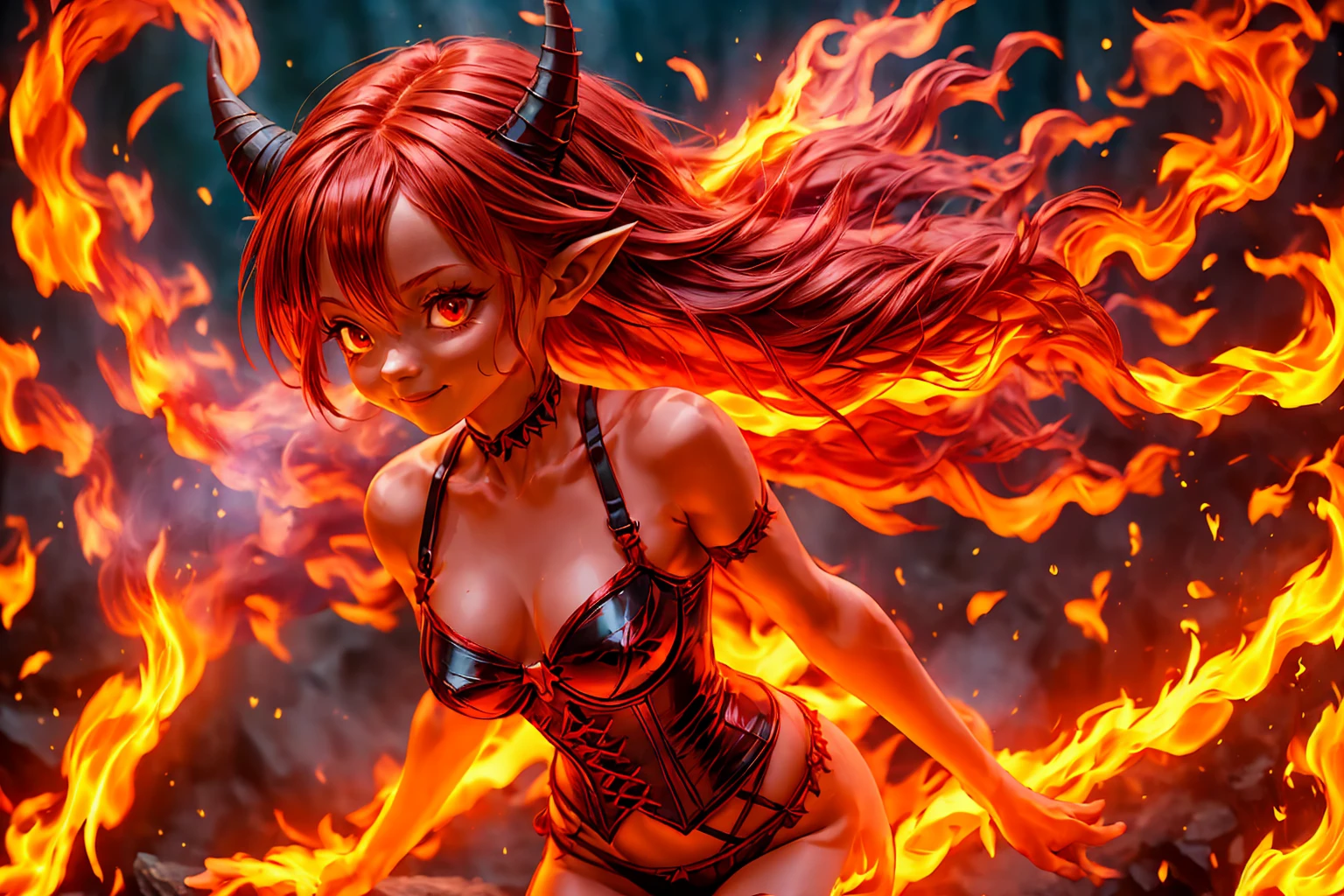 solo, 1girl, ((best quality)), ((masterpiece)), (detailed), 4k, very small red goblin girl, red skin, pointy ears, long straight red hair on fire, pleased expression, bright red eyes, wearing black and red corset and panties, small horns on head, sexy, cute