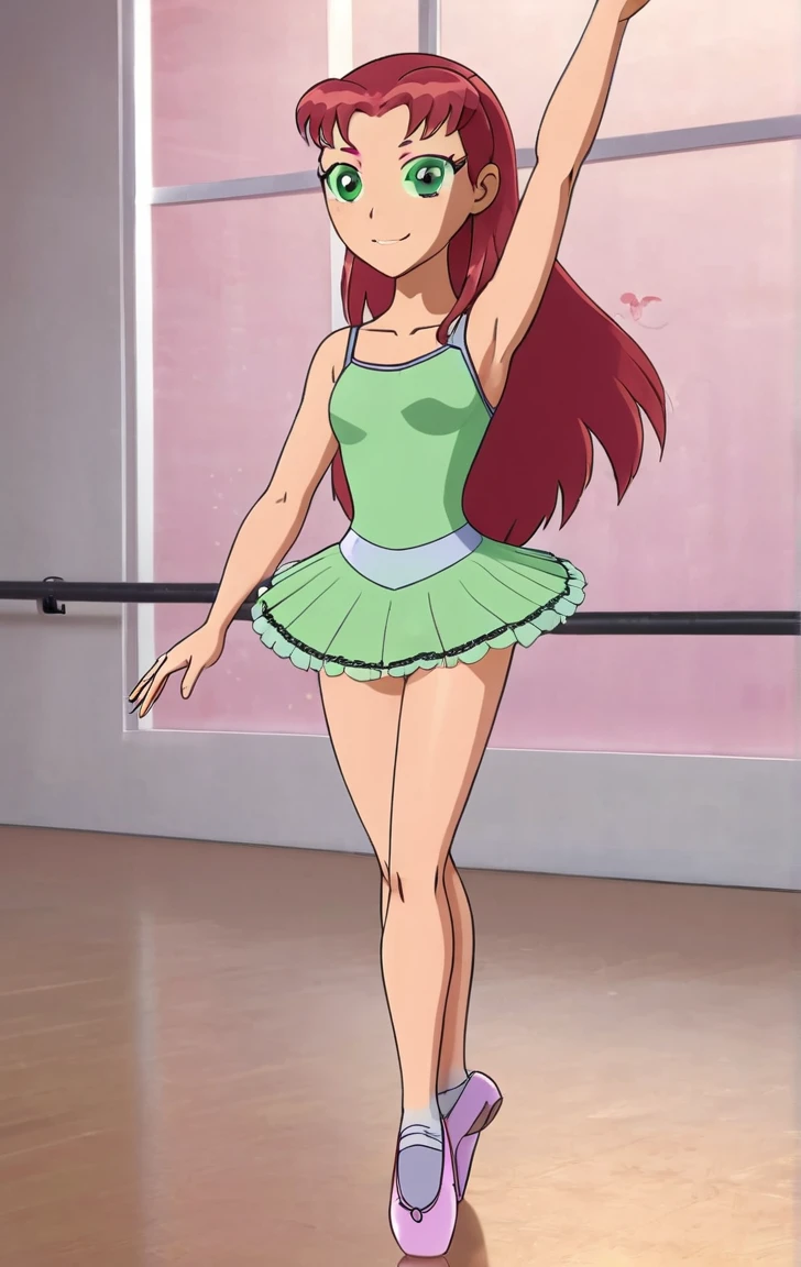 ohxw, star12, red hair, green eyes, pink tutu, pink tank top, bare legs, ballet slippers, full body, blushing, dance studio, 4k, highly detailed, lighting, inside, cartoon, 2d, sharp, skirt lift, white panties, hands holding up skirt