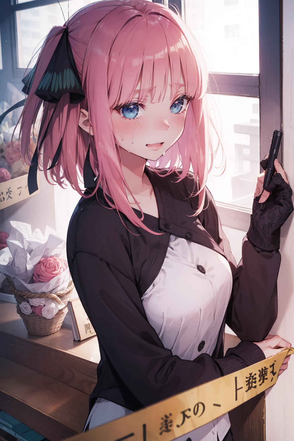 blue eyes,Highest quality,High resolution,unity 8k wallpaper,(shape:0.8),(Beautiful and detailed:1.6),Detailed face,Perfect lighting,Extremely detailed CG,(Perfect hands, Perfect ???????),young woman,Cut off,Show me your breasts,Browsing Caution,The Quintessential Quintuplets,Nakano Nino,classroom,Sweat,White string panties,Sweatをかいた
