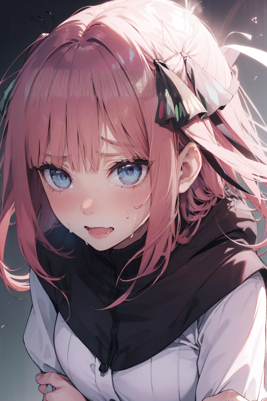 blue eyes,Highest quality,High resolution,unity 8k wallpaper,(shape:0.8),(Beautiful and detailed:1.6),Detailed face,Perfect lighting,Extremely detailed CG,(Perfect hands, Perfect Anatomy),young woman,Cut off,Show me your breasts,Browsing Caution,The Quintessential Quintuplets,Nakano Nino,classroom,Sweat,White string panties,Sweatをかいた