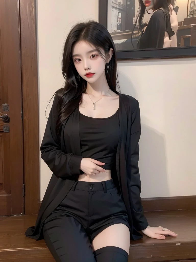 Beautiful Chinese girl wearing a black robe jacket wearing a black shirt and black trousers wearing sandals and a black chopper necklace, showing off her slim stomach, black hair, photo in the city (masterpiece) 8k