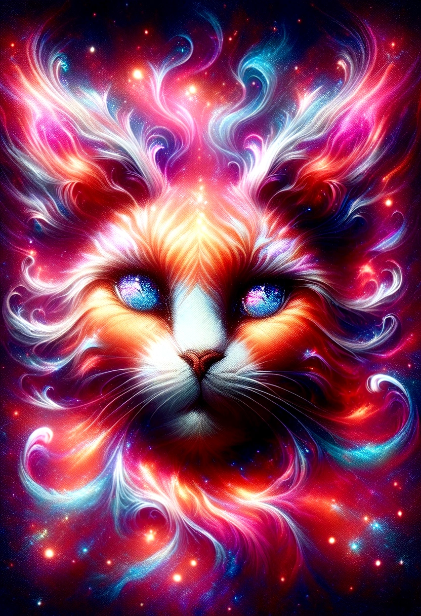 painting of a cat with a purple mane and a blue mane, realistic cat, glossy digital photoshot, made entirely from gradients, neon hooves, gorgeous digital photografy, pearlescent fur, holographic, stunning digital painting, background artwork, beautiful digital painting, beautiful cat, iridescent. fantasy, illustration iridescent, holographic creature