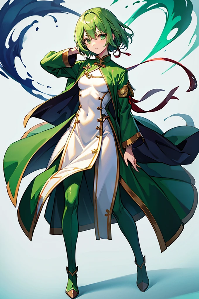 Green Hair、Shortcuts、Small breasts、standing、full body、Fighter、male、Uniform、Chinese Knight Costume、White background、pants、No exposure、China dress