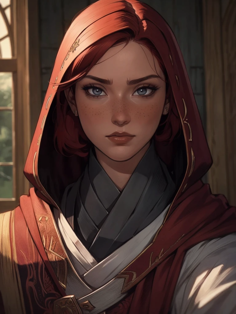 (20-year-old princess, British, black eyes, vibrant look, redhead, short hair), ezio auditore tunic, hooded, black, brown, red details, ornaments, freckles on 10% of the cheekbone, perfect face, blurred background, warm light, more details in clothing, strong leftovers, mystery pose, | (8k, RAW photo, best quality, masterpiece:1.2), ultra-detailed, (high detailed skin:1.2), 8k uhd, dslr, soft lighting, high quality, ((upper body:1)), (centered:1.2), ((LOOKING at the VIEWER)), asura, film grain, highly detailed shading, ((perfect_hands):1), Goodhands-beta2, Detailed eyes, perfect face, perfect eyes, Detailed face ((a manga drawing by Kentaro Miura)),