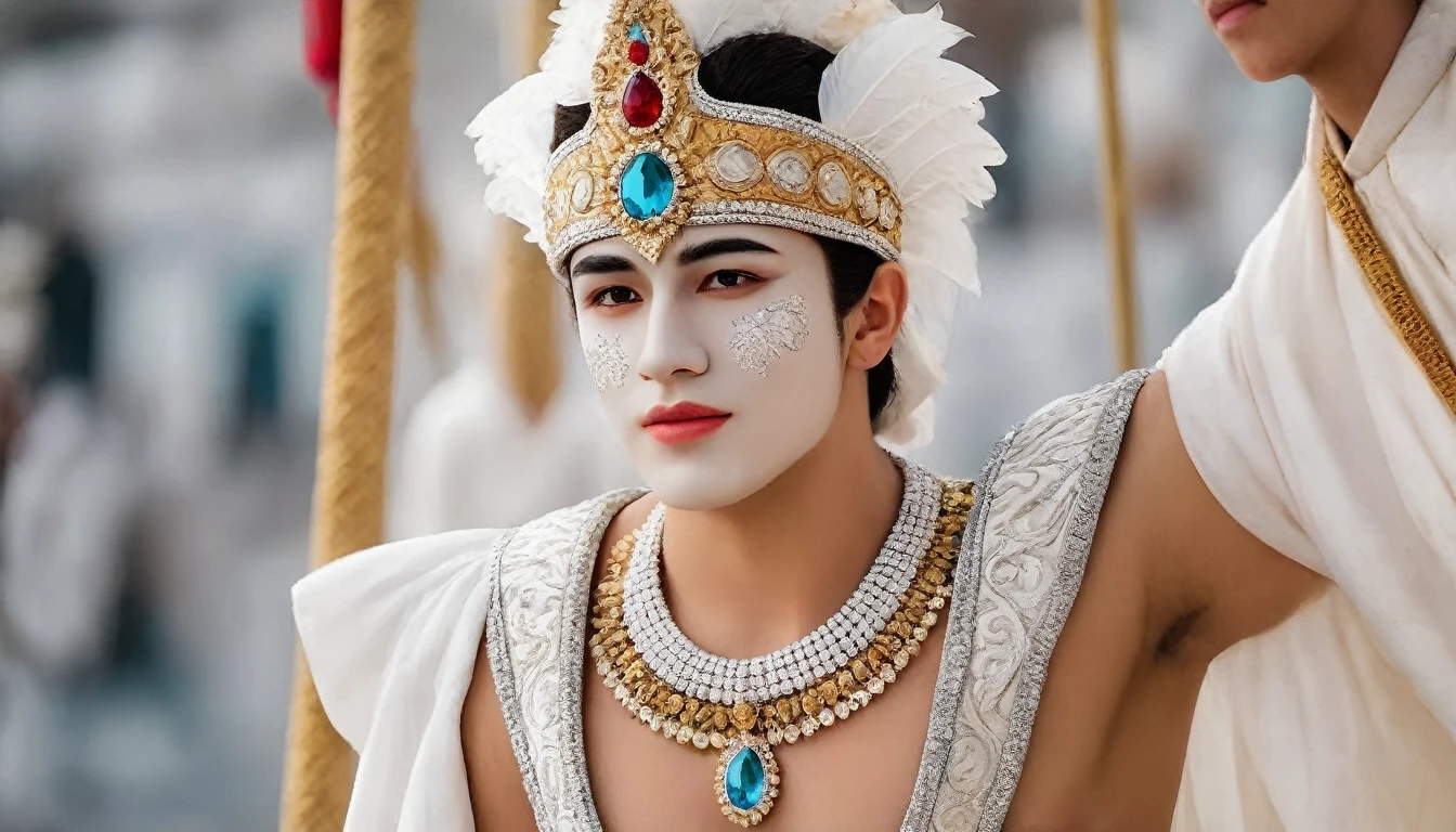 Create a carnival costume with ardonos and adornments with stones and jewels, that represents beauty is in the eye of the beholder, where narcissus that was so beautiful