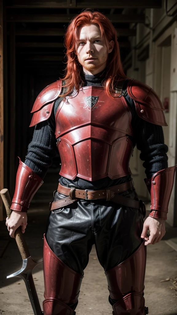 Red haired man in leather armor holding large ax